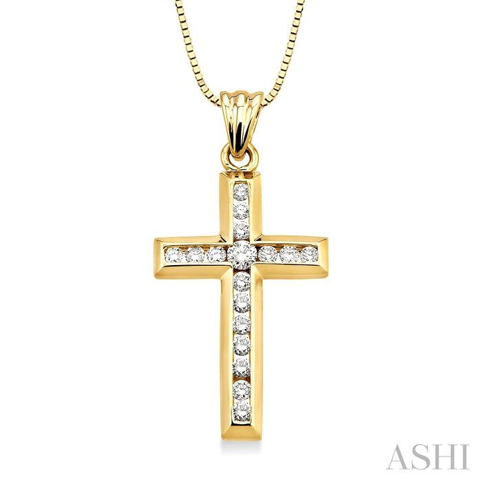 1/2 ctw Round Cut Diamond Cross Pendant in 10K Yellow Gold with Chain