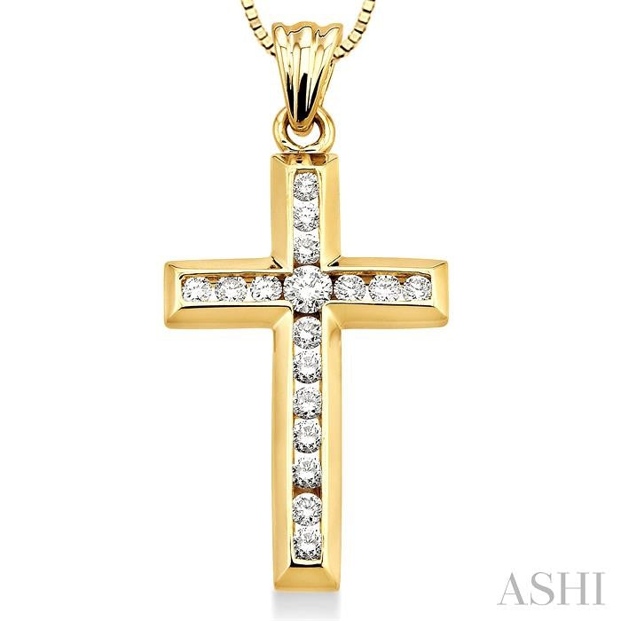 1/2 ctw Round Cut Diamond Cross Pendant in 10K Yellow Gold with Chain