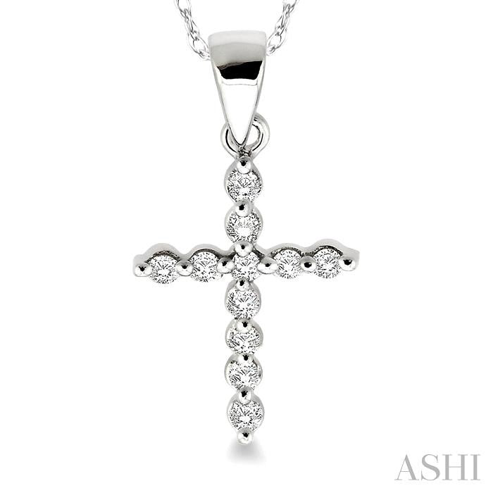 1/10 ctw Round Cut Diamond Cross Petite Pendant in 14K White Gold with Chain
