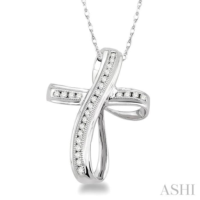 1/4 ctw Channel Set Round Cut Diamond Cross Pendant in 10K White Gold with Chain