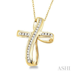1/4 ctw Channel Set Round Cut Diamond Cross Pendant in 10K Yellow Gold with Chain