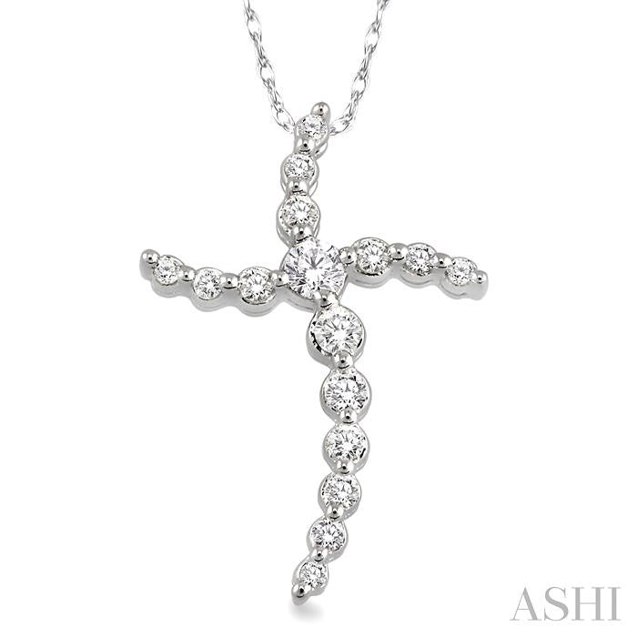 1/4 ctw Round Cut Diamond Journey Cross Pendant in 14K White Gold with Chain