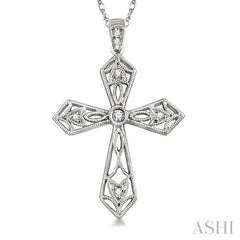 1/10 ctw Round Cut Diamond Cross Pendant in 14K White Gold with Chain