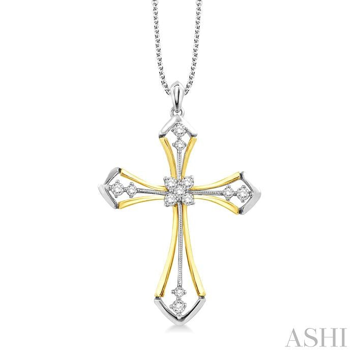 1/3 ctw Round Cut Diamond Cross Pendant in 14K Yellow and White Gold With Chain