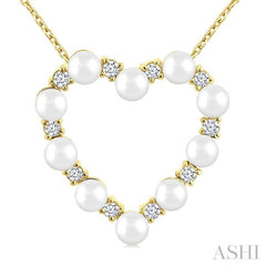 3 MM Round Shape Cultured Pearl and 1/5 Ctw Heart Shape Round Cut Diamond Pendant With Chain in 14K Yellow Gold