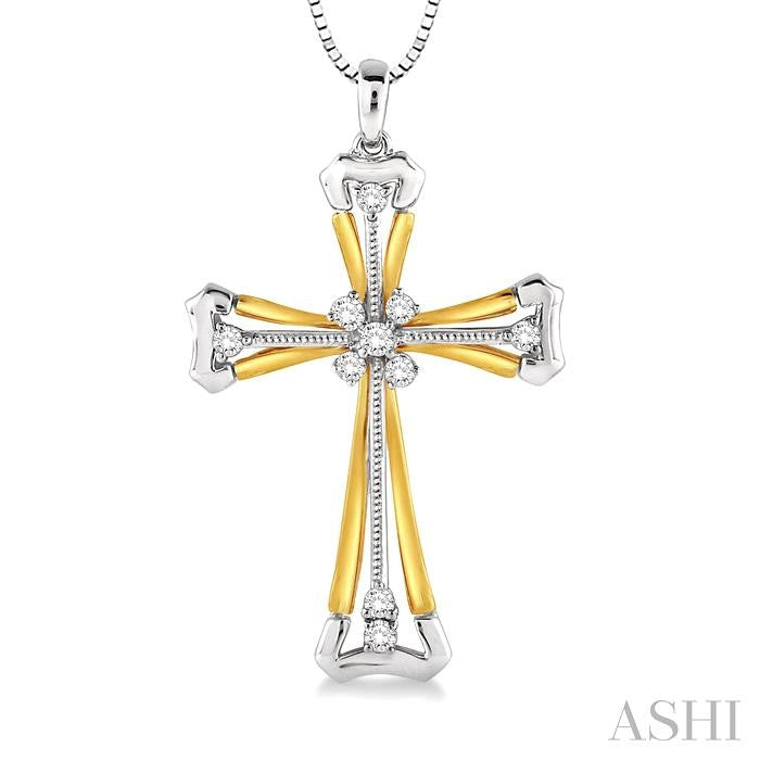 1/6 ctw Round Cut Diamond Cross Pendant in 14K White and Yellow Gold with Chain