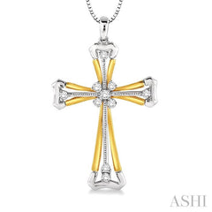 1/6 ctw Round Cut Diamond Cross Pendant in 14K White and Yellow Gold with Chain