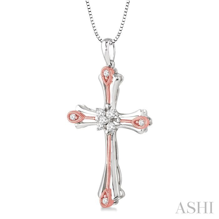1/5 ctw Round Cut Diamond Cross Pendant in 14K White and Rose Gold with Chain