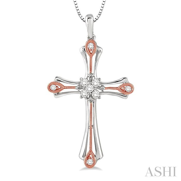 1/5 ctw Round Cut Diamond Cross Pendant in 14K White and Rose Gold with Chain