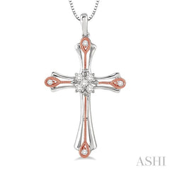 1/5 ctw Round Cut Diamond Cross Pendant in 14K White and Rose Gold with Chain
