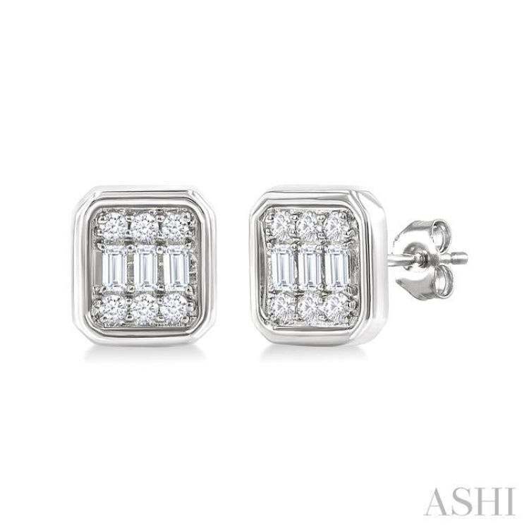 1/5 Ctw Petite Bezel Set Emerald Shape Fusion Baguette and Round Cut Diamond Fashion Stud Earrings in 10K White Gold