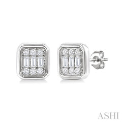 1/5 Ctw Petite Bezel Set Emerald Shape Fusion Baguette and Round Cut Diamond Fashion Stud Earrings in 10K White Gold