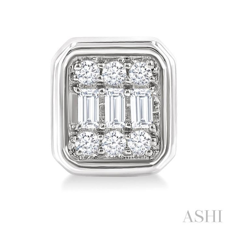 1/5 Ctw Petite Bezel Set Emerald Shape Fusion Baguette and Round Cut Diamond Fashion Stud Earrings in 10K White Gold