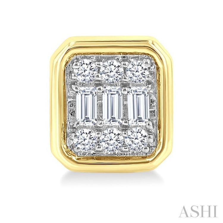 1/5 Ctw Petite Bezel Set Emerald Shape Fusion Baguette and Round Cut Diamond Fashion Stud Earrings in 10K Yellow Gold