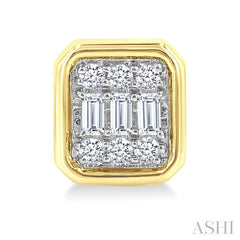 1/5 Ctw Petite Bezel Set Emerald Shape Fusion Baguette and Round Cut Diamond Fashion Stud Earrings in 10K Yellow Gold