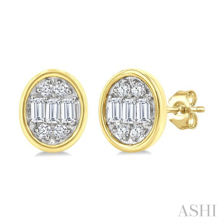 1/5 Ctw Petite Bezel Set Oval Shape Fusion Baguette and Round Cut Diamond Fashion Stud Earrings in 10K Yellow Gold