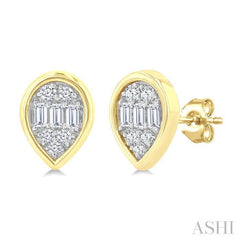 1/5 Ctw Petite Bezel Set Pear Shape Fusion Baguette and Round Cut Diamond Fashion Stud Earrings in 10K Yellow Gold