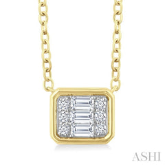 1/6 Ctw Petite Bezel Set East-West Emerald Shape Fusion Baguette and Round Cut Diamond Fashion Pendant With Chain in 10K Yellow Gold