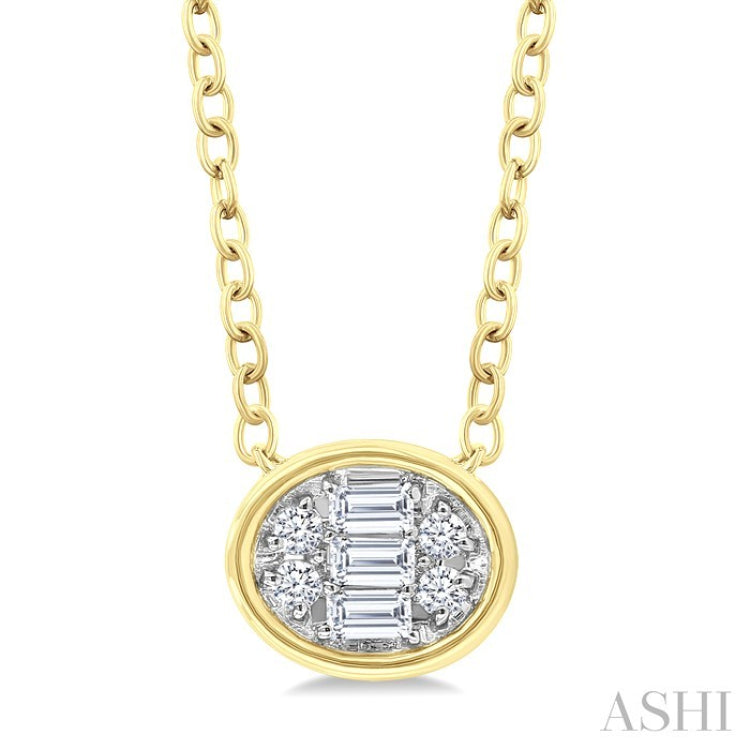 1/6 Ctw Petite Bezel Set East-West Oval Shape Fusion Baguette and Round Cut Diamond Fashion Pendant With Chain in 10K Yellow Gold