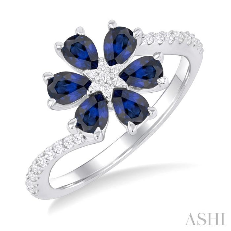 4X3 MM Pear Cut Floral Blossom Sapphire and 1/5 Ctw Round Cut Diamond Bypass Precious Ring in 14K White Gold