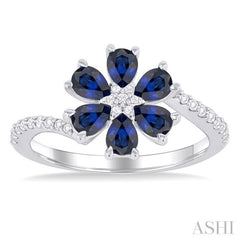 4X3 MM Pear Cut Floral Blossom Sapphire and 1/5 Ctw Round Cut Diamond Bypass Precious Ring in 14K White Gold