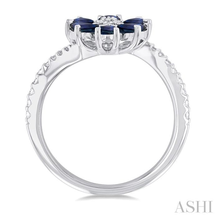 4X3 MM Pear Cut Floral Blossom Sapphire and 1/5 Ctw Round Cut Diamond Bypass Precious Ring in 14K White Gold