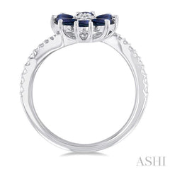 4X3 MM Pear Cut Floral Blossom Sapphire and 1/5 Ctw Round Cut Diamond Bypass Precious Ring in 14K White Gold