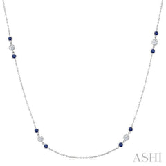 2.25 MM Sapphire and 1/2 Ctw Round Cut Diamond Precious Station Necklace in 14K White Gold