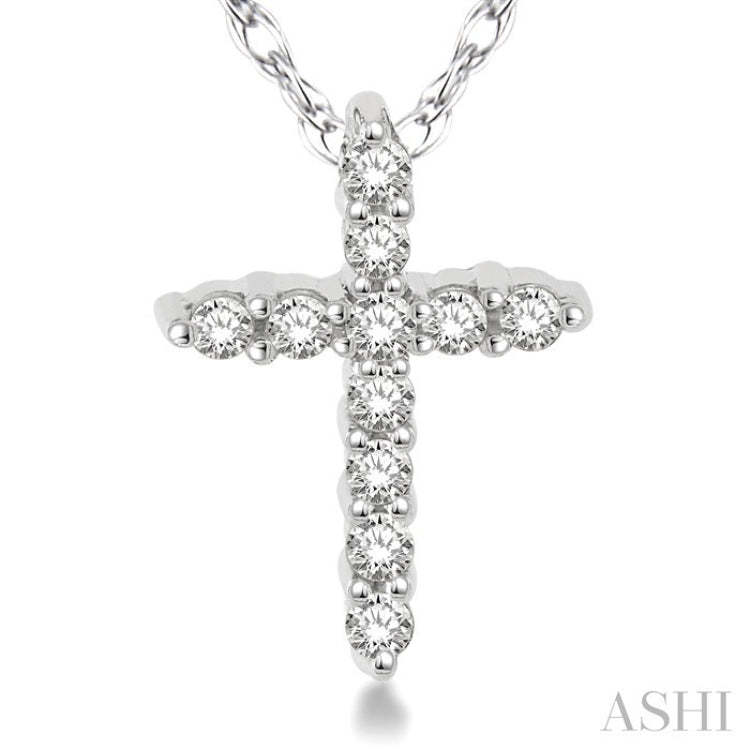 1/20 Ctw Round Cut Diamond Cross Petite Pendant in 14K White Gold with Chain