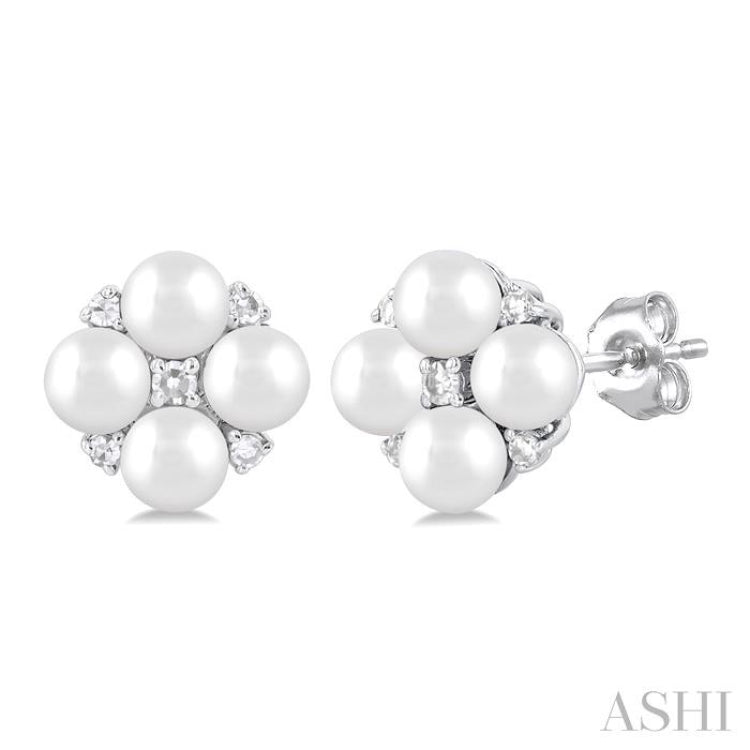 3 MM Floral Round Shape Cultured Pearl and 1/20 Ctw Round Cut Diamond Fashion Stud Earring in 10K White Gold