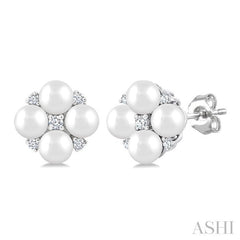 3 MM Floral Round Shape Cultured Pearl and 1/20 Ctw Round Cut Diamond Fashion Stud Earrings in 10K White Gold
