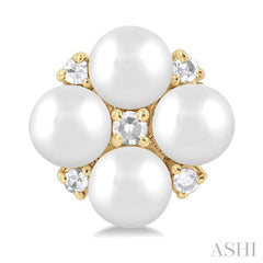 3 MM Floral Round Shape Cultured Pearl and 1/20 Ctw Round Cut Diamond Fashion Stud Earring in 10K Yellow Gold