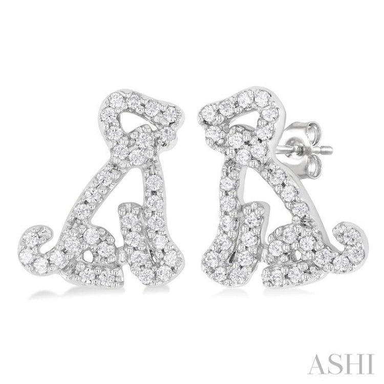 1/5 Ctw Petite Seated Dog Round Cut Diamond Fashion Stud Earrings in 10K White Gold
