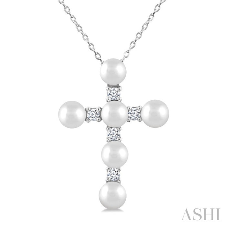 4 MM Cross Cultured Pearl and 1/6 Ctw Round Cut Diamond Fashion Pendant With Chain in 10K White Gold