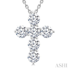 1 Ctw Round Cut Diamond Christian Cross 6-Stone Fashion Pendant With Chain in 14K White Gold