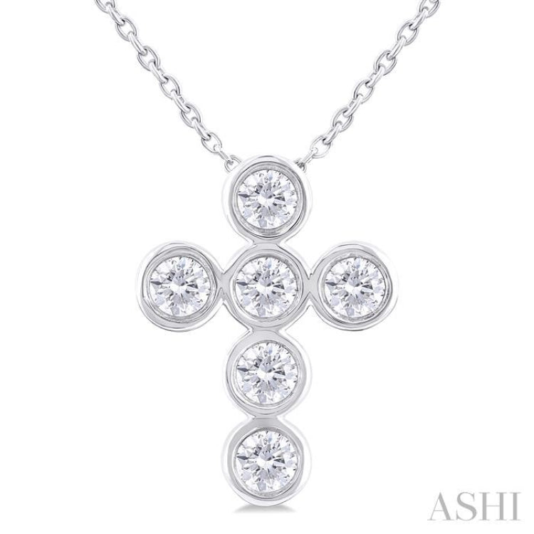 1/2 Ctw Round Cut Diamond 6-Stone Bezel Set Cross Pendant With Chain in 14K White Gold