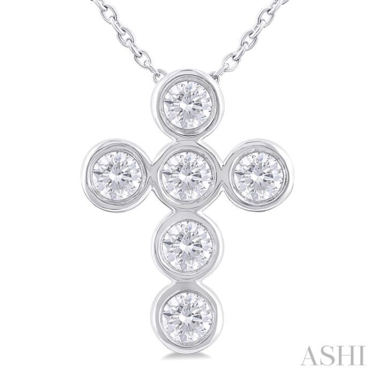 1/2 Ctw Round Cut Diamond 6-Stone Bezel Set Cross Pendant With Chain in 14K White Gold