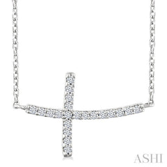 1/10 Ctw Petite Sideways Cross Round Cut Diamond Fashion Pendant With Chain in 10K White Gold