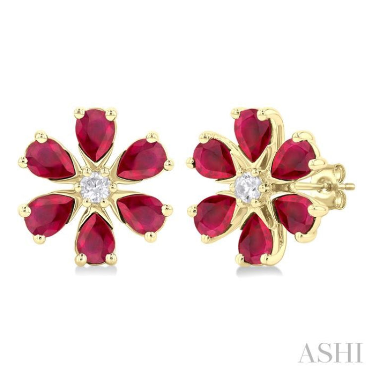4X3 MM Floral Blossom Pear Cut Ruby and 1/10 Ctw Round Cut Diamond Precious Stud Earrings in 14K Yellow Gold