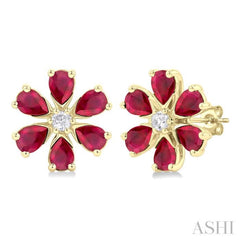 4X3 MM Floral Blossom Pear Cut Ruby and 1/10 Ctw Round Cut Diamond Precious Stud Earring in 14K Yellow Gold
