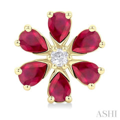 4X3 MM Floral Blossom Pear Cut Ruby and 1/10 Ctw Round Cut Diamond Precious Stud Earrings in 14K Yellow Gold