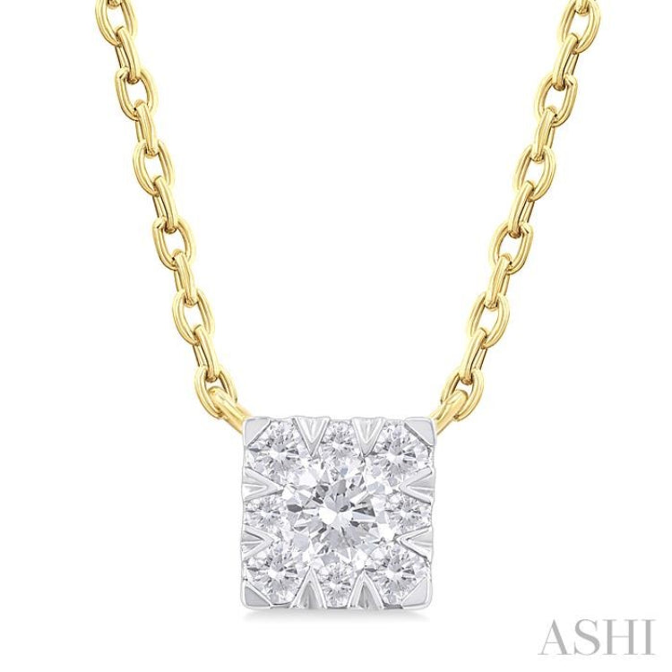 1/10 Ctw Lovebright Petite Square Shape Round Cut Diamond Fashion Pendant With Chain in 10K Yellow Gold
