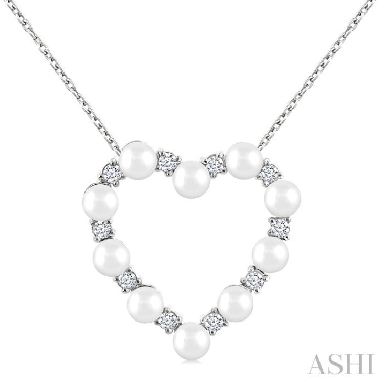 3 MM Round Shape Cultured Pearl and 1/5 Ctw Round Cut Diamond Heart Shape Pendant With Chain in 14K White Gold