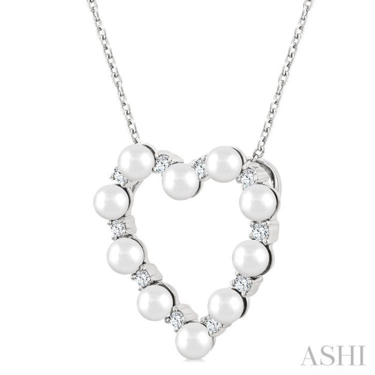 3 MM Round Shape Cultured Pearl and 1/5 Ctw Round Cut Diamond Heart Shape Pendant With Chain in 14K White Gold