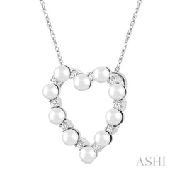 3 MM Round Shape Cultured Pearl and 1/5 Ctw Round Cut Diamond Heart Shape Pendant With Chain in 14K White Gold