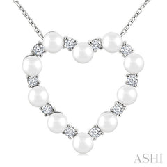 3 MM Round Shape Cultured Pearl and 1/5 Ctw Round Cut Diamond Heart Shape Pendant With Chain in 14K White Gold