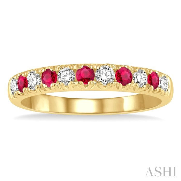 2.3 MM Ruby and 1/4 Ctw Round Cut Diamond Precious Wedding Band in 14K Yellow Gold