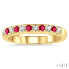 2 MM Ruby and 1/5 Ctw Round Cut Diamond Precious Wedding Band in 14K Yellow Gold