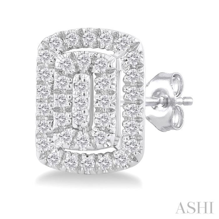 1/5 Ctw Double Halo Emerald Shape Petite Round Cut Diamond Fashion Stud Earrings in 10K White Gold