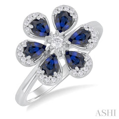 4X3 MM Pear Cut Floral Blossom Sapphire and 1/6 Ctw Round Cut Diamond Precious Fashion Ring in 14K White Gold
